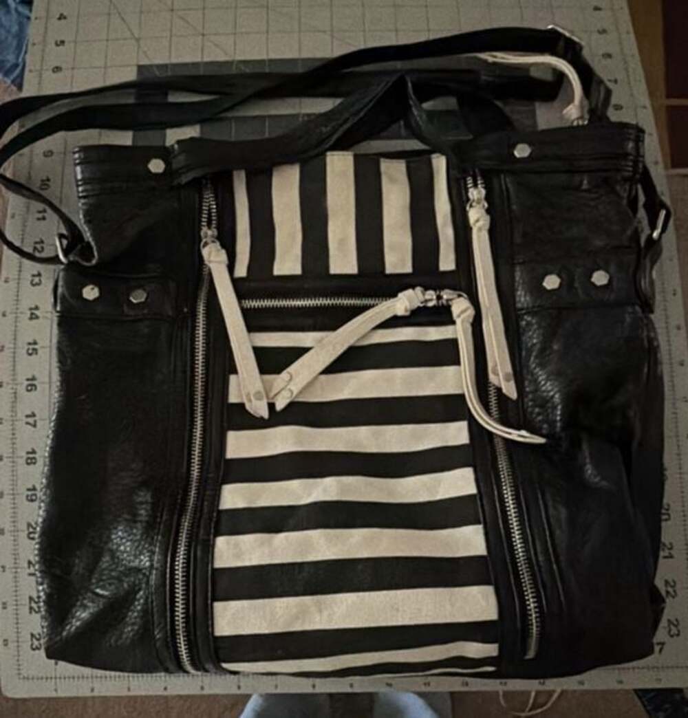 LD Logo Black Faux Leather and Striped Canvas Large Tote Bag